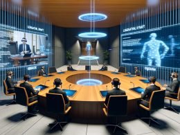Futuristischer Sitzungssaal mit Avataren von Ministern, Headsets und holografischen Datenströmen an einem großen digitalen Tisch.