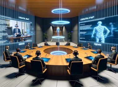 Futuristischer Sitzungssaal mit Avataren von Ministern, Headsets und holografischen Datenströmen an einem großen digitalen Tisch.