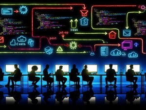 Illustration eines High-Tech-Arbeitsplatzes mit Menschen, die an Zapier-Dashboards und APIs arbeiten. Sichtbar sind leuchtende Monitore, Datenströme, Workflow-Diagramme und Symbole für HTTP, JSON, Webhooks und Sicherheit.