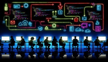 Illustration eines High-Tech-Arbeitsplatzes mit Menschen, die an Zapier-Dashboards und APIs arbeiten. Sichtbar sind leuchtende Monitore, Datenströme, Workflow-Diagramme und Symbole für HTTP, JSON, Webhooks und Sicherheit.