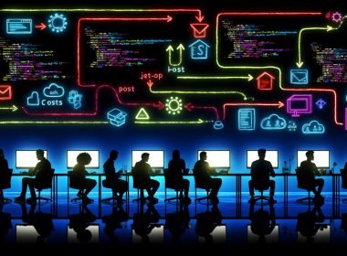 Illustration eines High-Tech-Arbeitsplatzes mit Menschen, die an Zapier-Dashboards und APIs arbeiten. Sichtbar sind leuchtende Monitore, Datenströme, Workflow-Diagramme und Symbole für HTTP, JSON, Webhooks und Sicherheit.