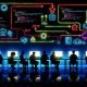 Illustration eines High-Tech-Arbeitsplatzes mit Menschen, die an Zapier-Dashboards und APIs arbeiten. Sichtbar sind leuchtende Monitore, Datenströme, Workflow-Diagramme und Symbole für HTTP, JSON, Webhooks und Sicherheit.