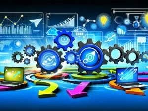 Digitale Illustration eines modernen Marketing-Dashboards mit vernetzten Icons für Tracking Pixel, Tag Manager, Server Side Tagging und Consent Management, umgeben von Datenströmen, Diagrammen und mehreren Endgeräten im Hintergrund.