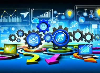 Digitale Illustration eines modernen Marketing-Dashboards mit vernetzten Icons für Tracking Pixel, Tag Manager, Server Side Tagging und Consent Management, umgeben von Datenströmen, Diagrammen und mehreren Endgeräten im Hintergrund.