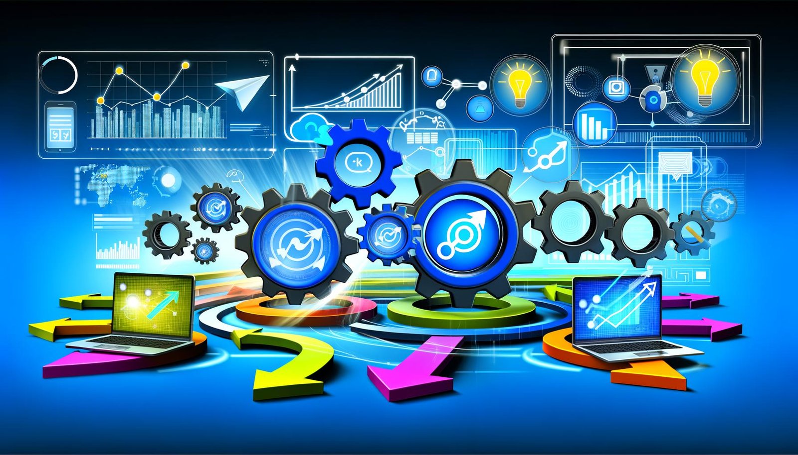 Digitale Illustration eines modernen Marketing-Dashboards mit vernetzten Icons für Tracking Pixel, Tag Manager, Server Side Tagging und Consent Management, umgeben von Datenströmen, Diagrammen und mehreren Endgeräten im Hintergrund.