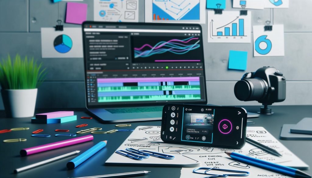 Moderner, aufgeräumter Schreibtisch mit großem Smartphone, auf dem Instagram Reels mit bunten Videos und Hooks laufen, daneben Laptop mit Analyse-Dashboard, Notizzettel, Kamera, Kopfhörer und Schnittsoftware-Logos.