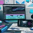 Moderner, aufgeräumter Schreibtisch mit großem Smartphone, auf dem Instagram Reels mit bunten Videos und Hooks laufen, daneben Laptop mit Analyse-Dashboard, Notizzettel, Kamera, Kopfhörer und Schnittsoftware-Logos.