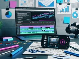 Moderner, aufgeräumter Schreibtisch mit großem Smartphone, auf dem Instagram Reels mit bunten Videos und Hooks laufen, daneben Laptop mit Analyse-Dashboard, Notizzettel, Kamera, Kopfhörer und Schnittsoftware-Logos.