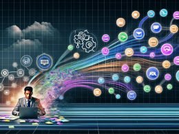 Illustration einer modernen Marketingabteilung mit digitalen Tools, leuchtenden Datenströmen und einem Manager vor einem Dashboard, umgeben von Software-Symbolen und Automationselementen.