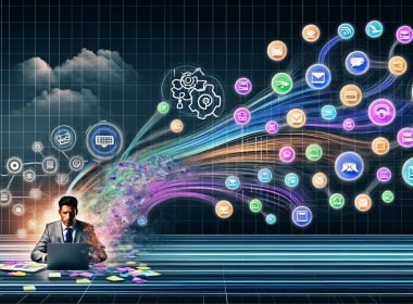 Illustration einer modernen Marketingabteilung mit digitalen Tools, leuchtenden Datenströmen und einem Manager vor einem Dashboard, umgeben von Software-Symbolen und Automationselementen.