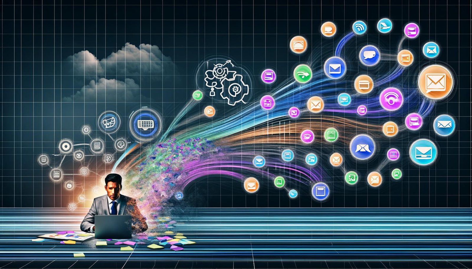 Illustration einer modernen Marketingabteilung mit digitalen Tools, leuchtenden Datenströmen und einem Manager vor einem Dashboard, umgeben von Software-Symbolen und Automationselementen.