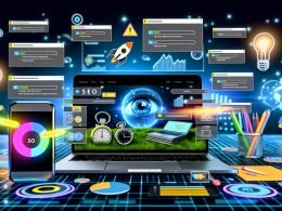 Stilisiertes Dashboard-Design auf Laptop und Smartphone mit SEO-Indikatoren, Leistungskennzahlen und Zukunftstechnologien.