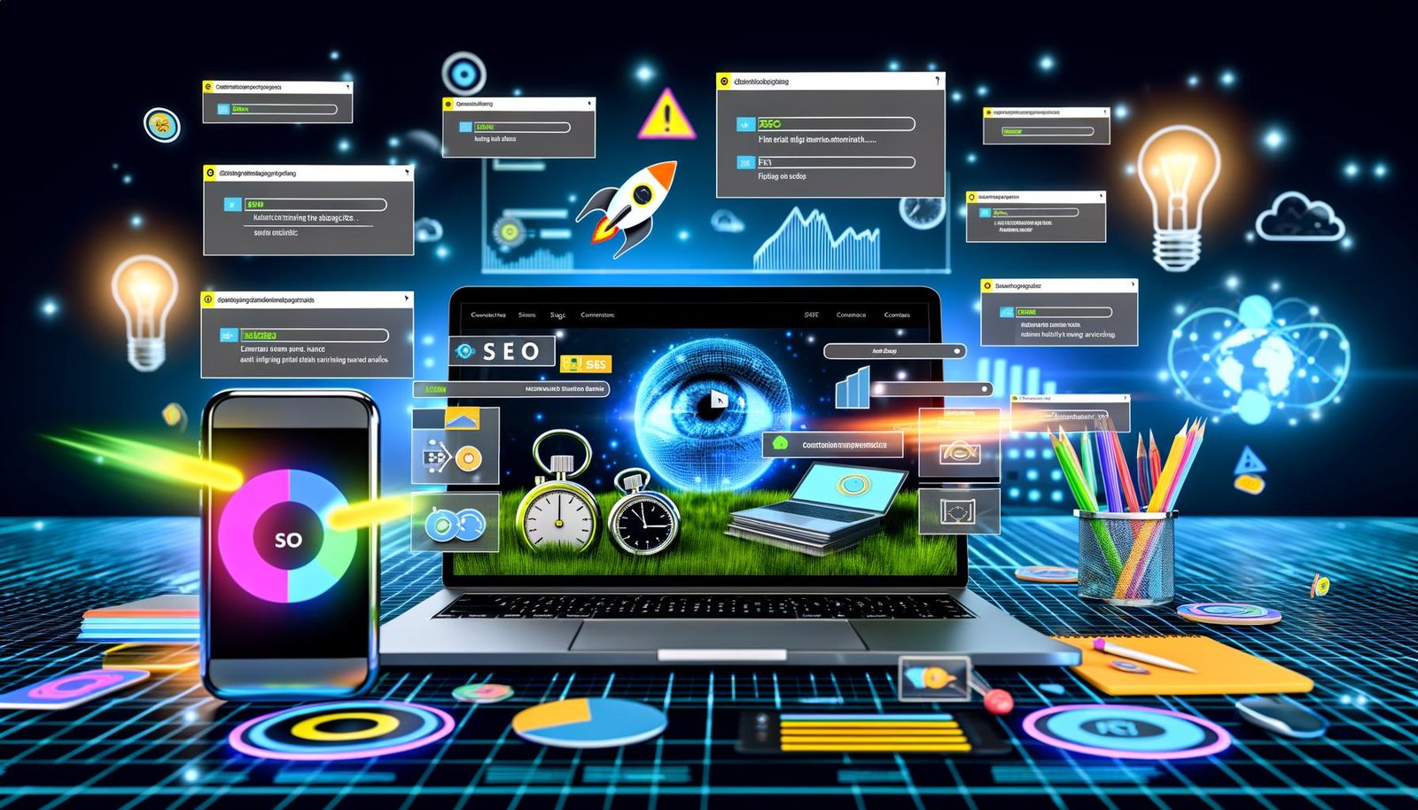 Stilisiertes Dashboard-Design auf Laptop und Smartphone mit SEO-Indikatoren, Leistungskennzahlen und Zukunftstechnologien.