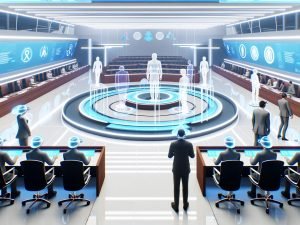 Digitale 3D-Plenarsaal-Umgebung mit Avataren, VR-Brillen, holografischen Tischen und Datengrafiken, LED-Wänden mit Abstimmungsergebnissen und Blockchain-Symbolen.