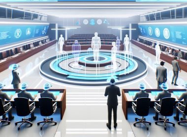 Digitale 3D-Plenarsaal-Umgebung mit Avataren, VR-Brillen, holografischen Tischen und Datengrafiken, LED-Wänden mit Abstimmungsergebnissen und Blockchain-Symbolen.