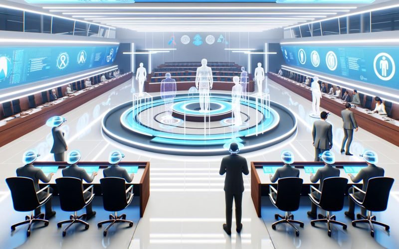 Digitale 3D-Plenarsaal-Umgebung mit Avataren, VR-Brillen, holografischen Tischen und Datengrafiken, LED-Wänden mit Abstimmungsergebnissen und Blockchain-Symbolen.
