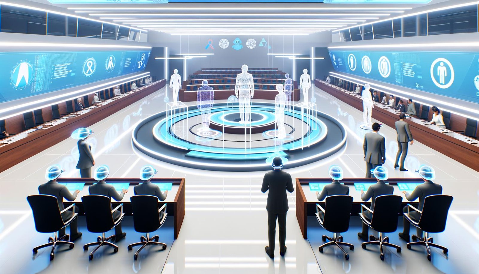 Digitale 3D-Plenarsaal-Umgebung mit Avataren, VR-Brillen, holografischen Tischen und Datengrafiken, LED-Wänden mit Abstimmungsergebnissen und Blockchain-Symbolen.