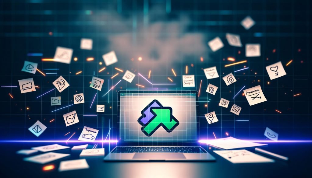 Moderner Nachtschreibtisch mit Laptop, Zapier-Logo auf dem Bildschirm, umgeben von App-Skizzen (Slack, Google Sheets, Shopify, Trello) und einer To-Do-Liste mit durchgestrichenen Aufgaben.