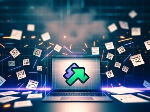 Moderner Nachtschreibtisch mit Laptop, Zapier-Logo auf dem Bildschirm, umgeben von App-Skizzen (Slack, Google Sheets, Shopify, Trello) und einer To-Do-Liste mit durchgestrichenen Aufgaben.
