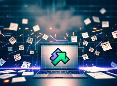 Moderner Nachtschreibtisch mit Laptop, Zapier-Logo auf dem Bildschirm, umgeben von App-Skizzen (Slack, Google Sheets, Shopify, Trello) und einer To-Do-Liste mit durchgestrichenen Aufgaben.