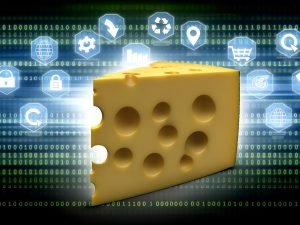 Metaphorischer Schweizer Käse mit großen Löchern, durch die Marketing- und Analyse-Symbole fallen, umgeben von Adblocker- und Datenschutz-Icons, vor einem digital-statischen Hintergrund.