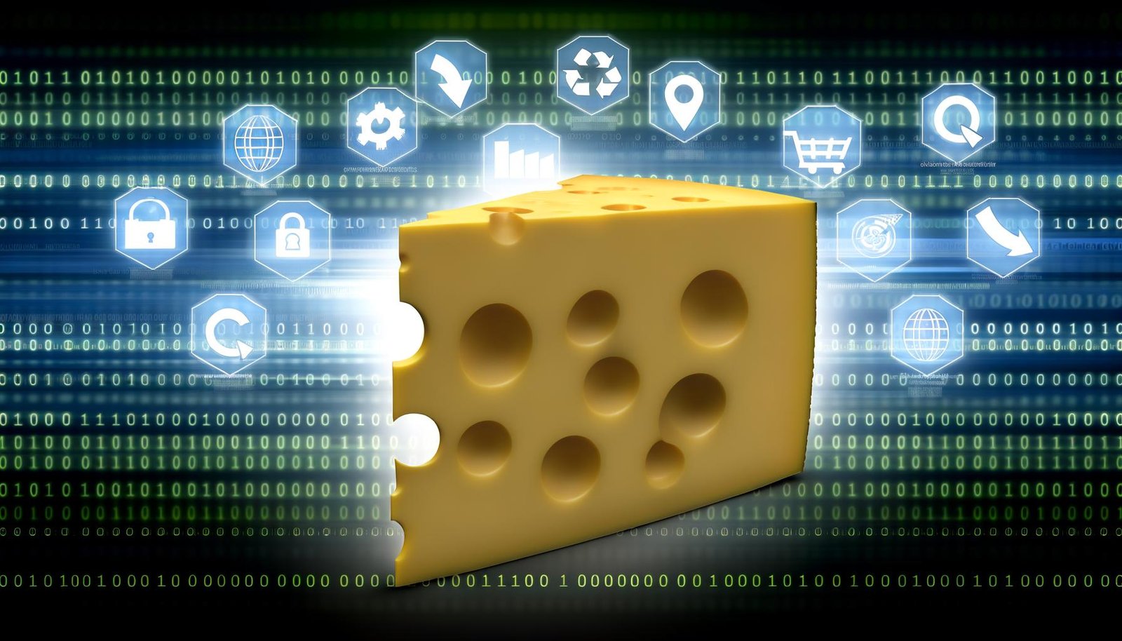 Metaphorischer Schweizer Käse mit großen Löchern, durch die Marketing- und Analyse-Symbole fallen, umgeben von Adblocker- und Datenschutz-Icons, vor einem digital-statischen Hintergrund.