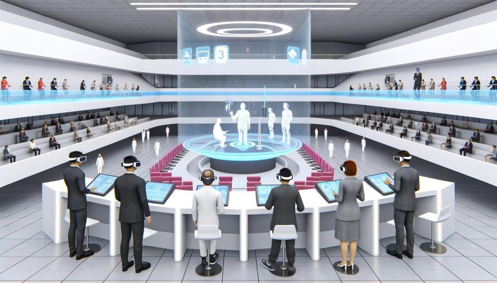 Futuristische Behörde im Jahr 2030 mit minimalistischer High-Tech-Architektur, Menschen mit VR-Headsets und holografischen Displays, Avatare an virtuellen Schreibtischen und digitalem Bürgerdienst.