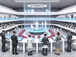 Futuristische Behörde im Jahr 2030 mit minimalistischer High-Tech-Architektur, Menschen mit VR-Headsets und holografischen Displays, Avatare an virtuellen Schreibtischen und digitalem Bürgerdienst.