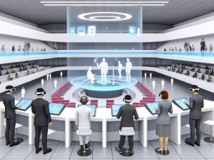 Futuristische Behörde im Jahr 2030 mit minimalistischer High-Tech-Architektur, Menschen mit VR-Headsets und holografischen Displays, Avatare an virtuellen Schreibtischen und digitalem Bürgerdienst.