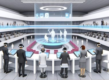 Futuristische Behörde im Jahr 2030 mit minimalistischer High-Tech-Architektur, Menschen mit VR-Headsets und holografischen Displays, Avatare an virtuellen Schreibtischen und digitalem Bürgerdienst.