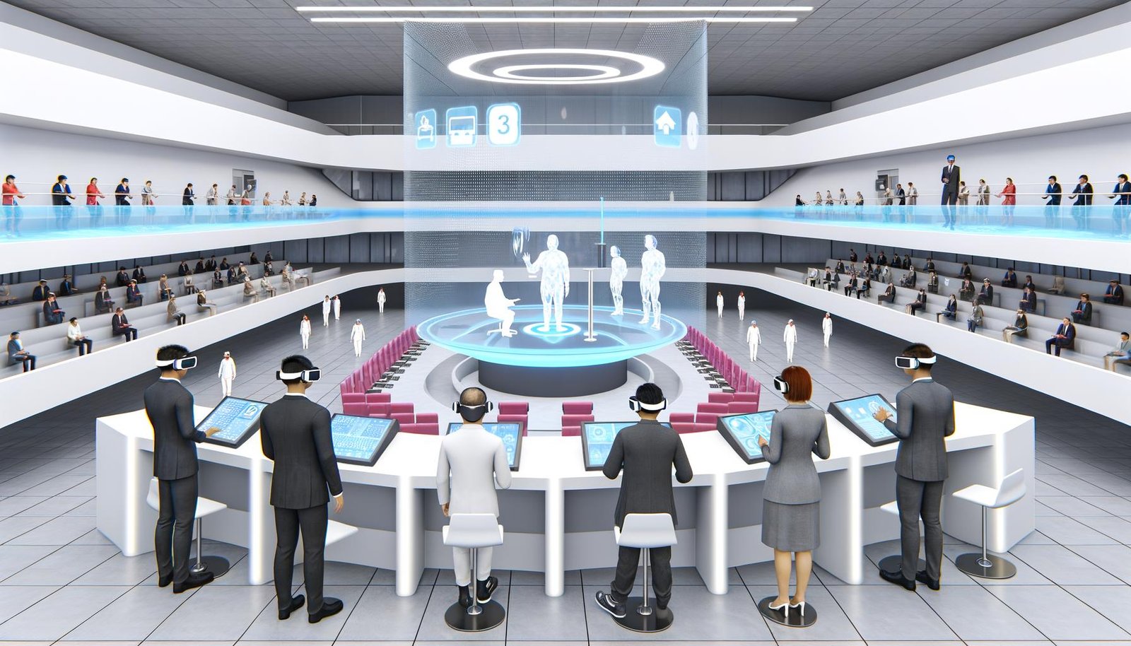 Futuristische Behörde im Jahr 2030 mit minimalistischer High-Tech-Architektur, Menschen mit VR-Headsets und holografischen Displays, Avatare an virtuellen Schreibtischen und digitalem Bürgerdienst.