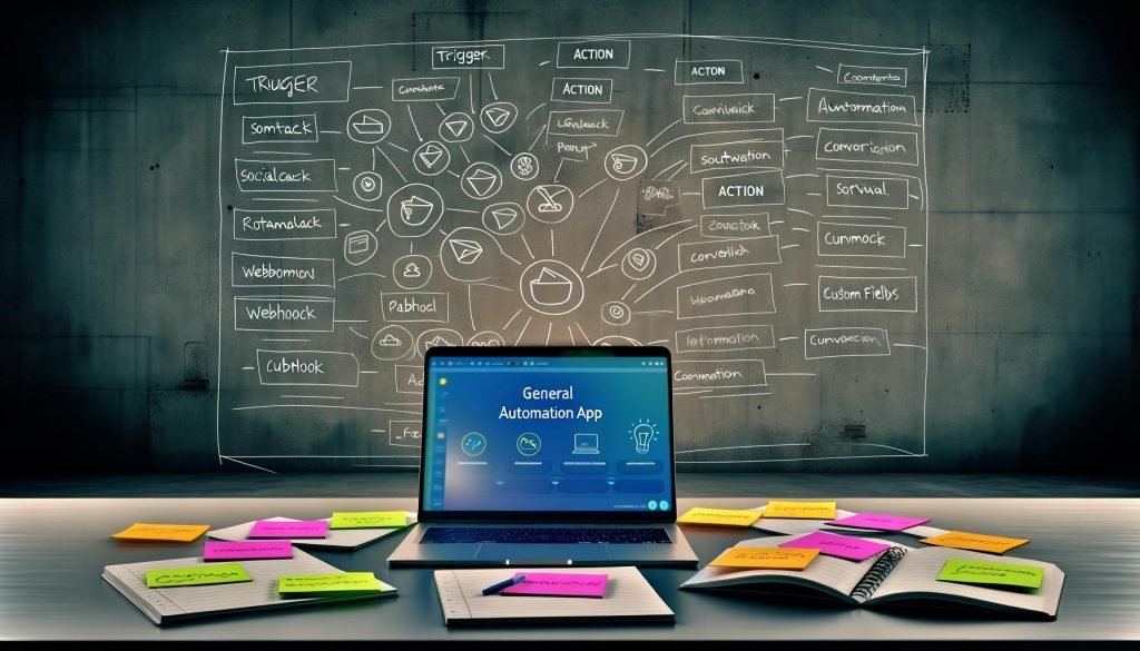 Moderner Arbeitsplatz mit Zapier Dashboard auf einem Laptop, Notizblöcken mit technischen Diagrammen und farbigen Sticky Notes sowie Icons von Marketing-Tools, die Automatisierung und Datenfluss visualisieren.