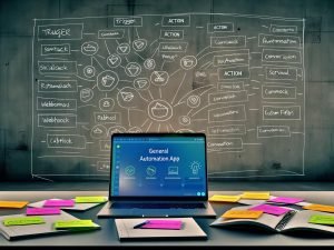Moderner Arbeitsplatz mit Zapier Dashboard auf einem Laptop, Notizblöcken mit technischen Diagrammen und farbigen Sticky Notes sowie Icons von Marketing-Tools, die Automatisierung und Datenfluss visualisieren.
