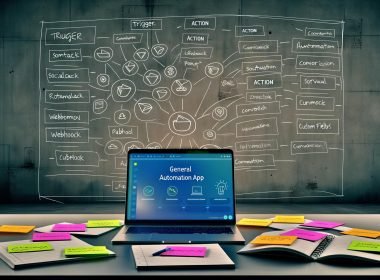 Moderner Arbeitsplatz mit Zapier Dashboard auf einem Laptop, Notizblöcken mit technischen Diagrammen und farbigen Sticky Notes sowie Icons von Marketing-Tools, die Automatisierung und Datenfluss visualisieren.