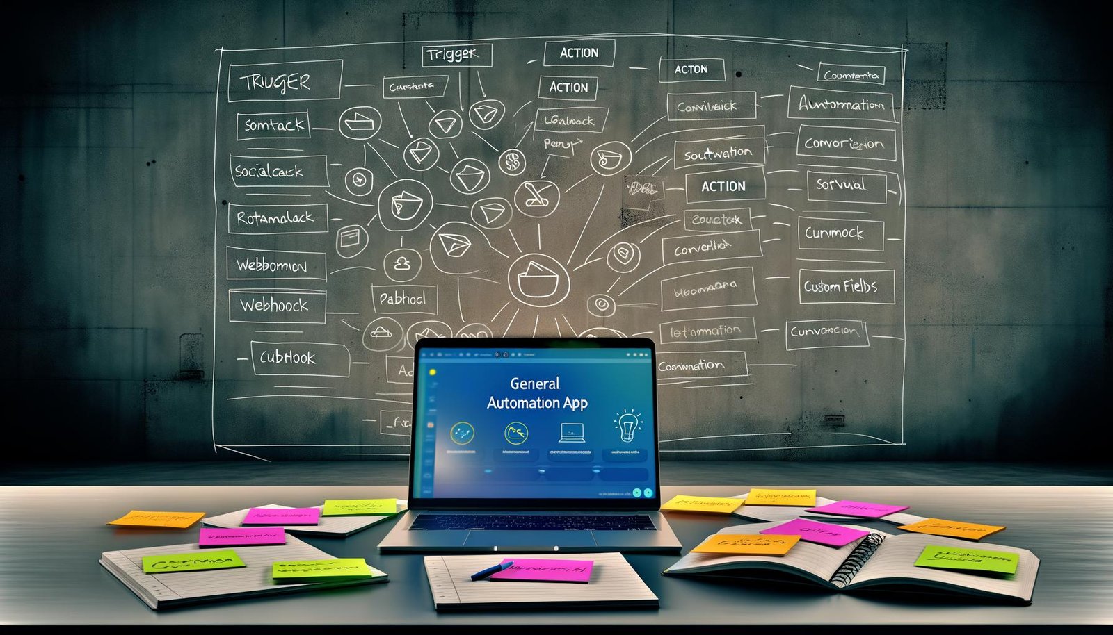 Moderner Arbeitsplatz mit Zapier Dashboard auf einem Laptop, Notizblöcken mit technischen Diagrammen und farbigen Sticky Notes sowie Icons von Marketing-Tools, die Automatisierung und Datenfluss visualisieren.