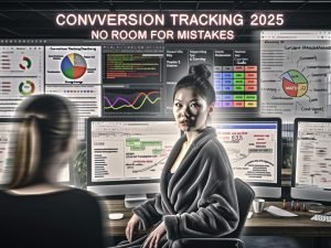 Junge Frau erklärt Conversion KPIs auf Whiteboard vor Monitoren mit Google Analytics 4, Tag Manager, Matomo und Consent Management Dashboards in einer modernen, ambitionierten Tech-Büroszene.