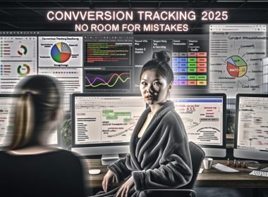 Junge Frau erklärt Conversion KPIs auf Whiteboard vor Monitoren mit Google Analytics 4, Tag Manager, Matomo und Consent Management Dashboards in einer modernen, ambitionierten Tech-Büroszene.