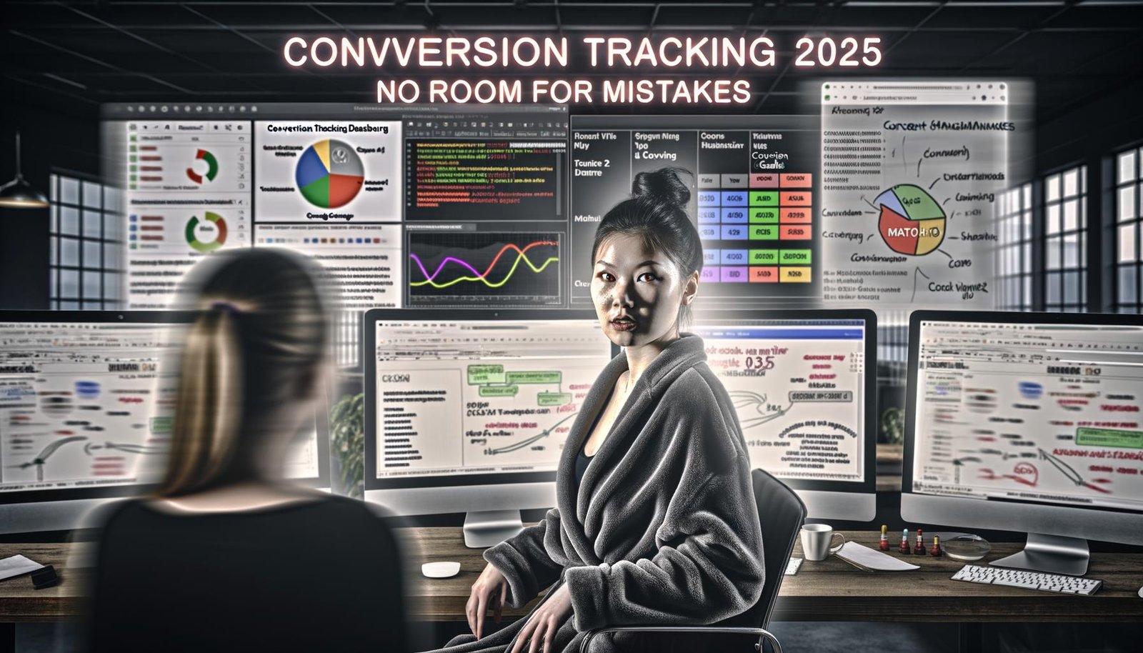 Junge Frau erklärt Conversion KPIs auf Whiteboard vor Monitoren mit Google Analytics 4, Tag Manager, Matomo und Consent Management Dashboards in einer modernen, ambitionierten Tech-Büroszene.