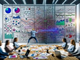 Team aus Marketers und Data Analysts im modernen Büro vor überladener Glaswand mit Daten, im Vordergrund klare Übersicht am Reporting-Board