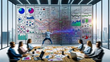 Team aus Marketers und Data Analysts im modernen Büro vor überladener Glaswand mit Daten, im Vordergrund klare Übersicht am Reporting-Board