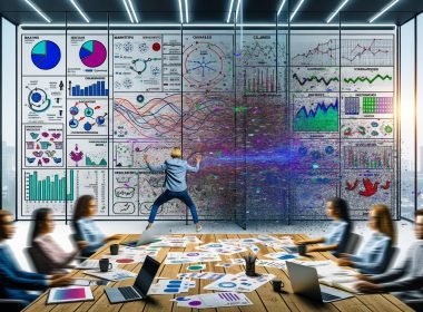 Team aus Marketers und Data Analysts im modernen Büro vor überladener Glaswand mit Daten, im Vordergrund klare Übersicht am Reporting-Board