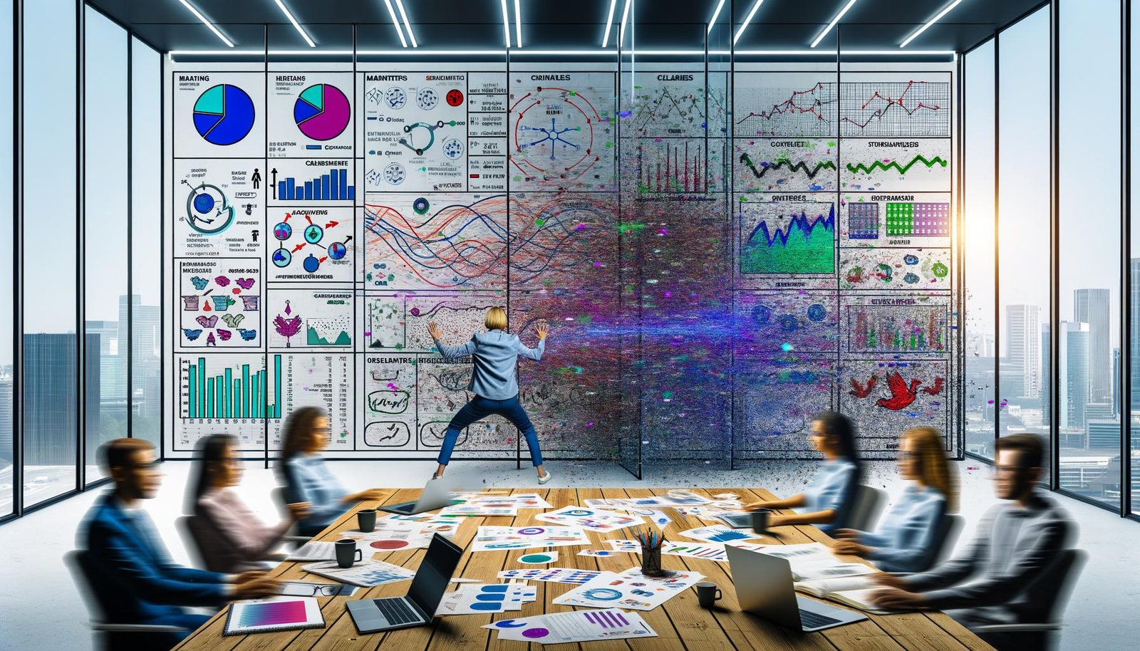 Team aus Marketers und Data Analysts im modernen Büro vor überladener Glaswand mit Daten, im Vordergrund klare Übersicht am Reporting-Board