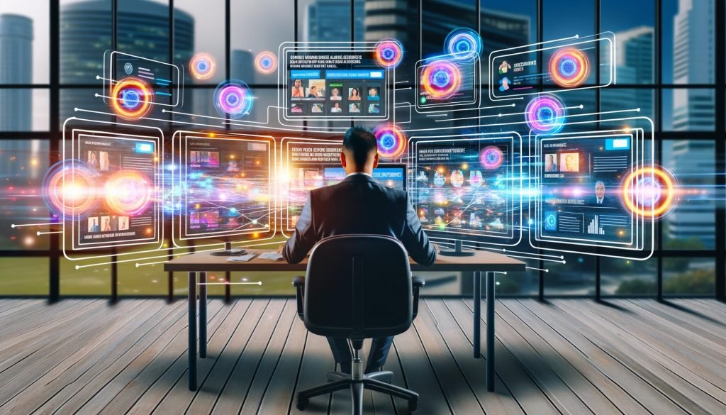 Business-Person arbeitet vor Monitoren mit LinkedIn Native Ads, digitalen Datenströmen und KI-Symbolen in einem urbanen Office mit Blick auf Hochhäuser.