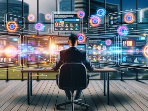 Business-Person arbeitet vor Monitoren mit LinkedIn Native Ads, digitalen Datenströmen und KI-Symbolen in einem urbanen Office mit Blick auf Hochhäuser.