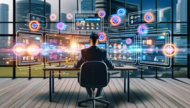 Business-Person arbeitet vor Monitoren mit LinkedIn Native Ads, digitalen Datenströmen und KI-Symbolen in einem urbanen Office mit Blick auf Hochhäuser.