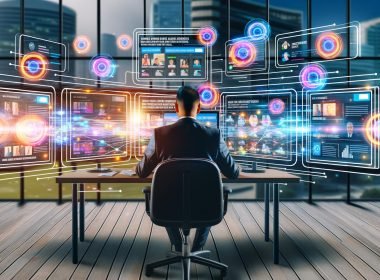 Business-Person arbeitet vor Monitoren mit LinkedIn Native Ads, digitalen Datenströmen und KI-Symbolen in einem urbanen Office mit Blick auf Hochhäuser.