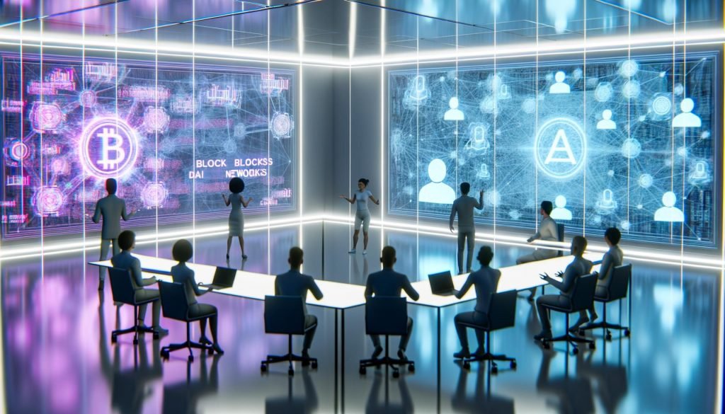 Gruppe von Tech-Expert:innen in futuristischem Konferenzraum mit holografischen Displays, die Blockchain, KI-Netzwerke und Datenströme zeigen