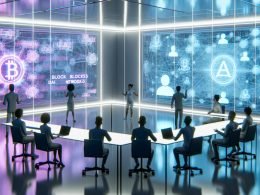 Gruppe von Tech-Expert:innen in futuristischem Konferenzraum mit holografischen Displays, die Blockchain, KI-Netzwerke und Datenströme zeigen