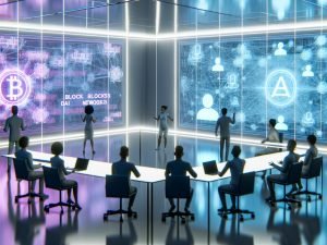 Gruppe von Tech-Expert:innen in futuristischem Konferenzraum mit holografischen Displays, die Blockchain, KI-Netzwerke und Datenströme zeigen
