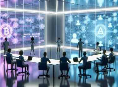 Gruppe von Tech-Expert:innen in futuristischem Konferenzraum mit holografischen Displays, die Blockchain, KI-Netzwerke und Datenströme zeigen